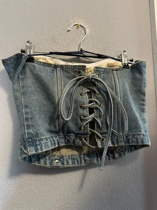 NWT Edikted Studded Washed Denim Lace-Up Corset - Picture 6 of 6